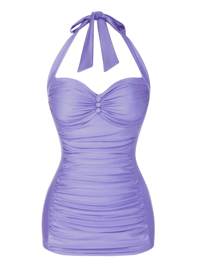 Purple 1950s Solid Gathered Halter Swimsuit
