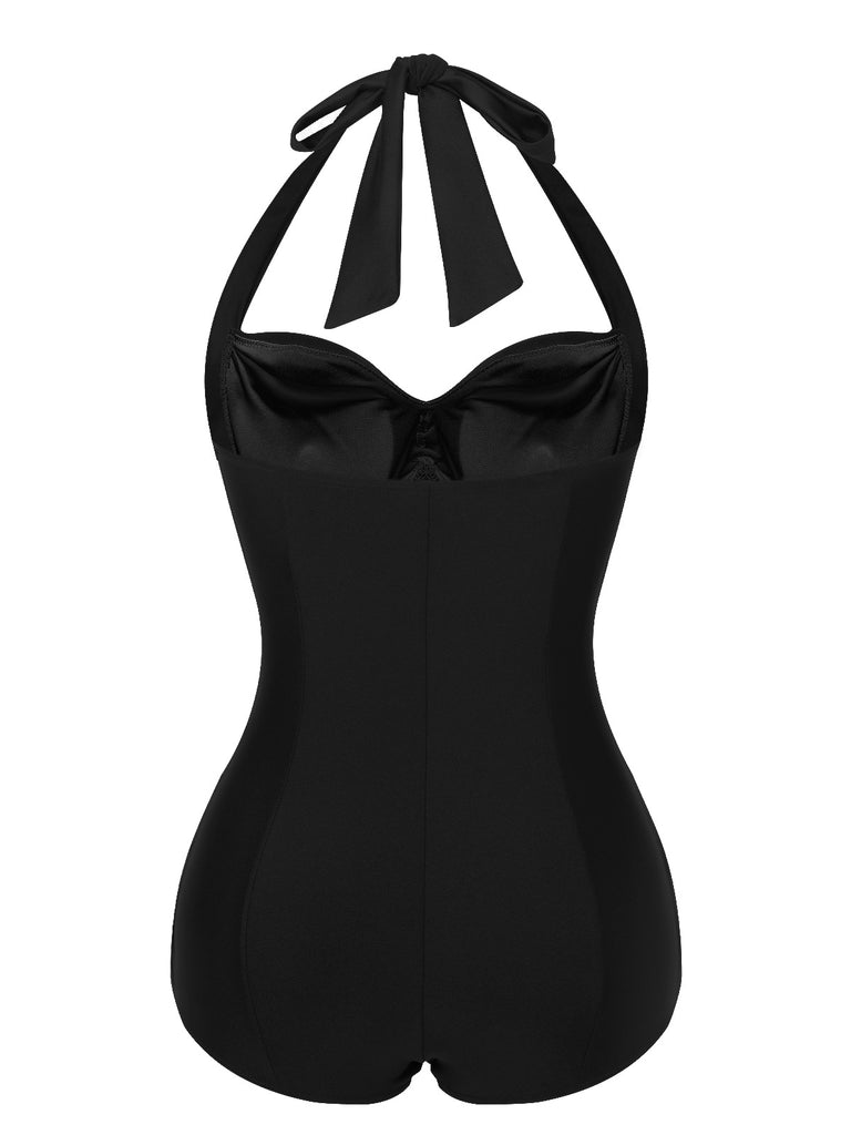 Purple 1950s Solid Gathered Halter Swimsuit