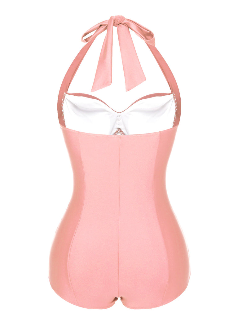 Purple 1950s Solid Gathered Halter Swimsuit