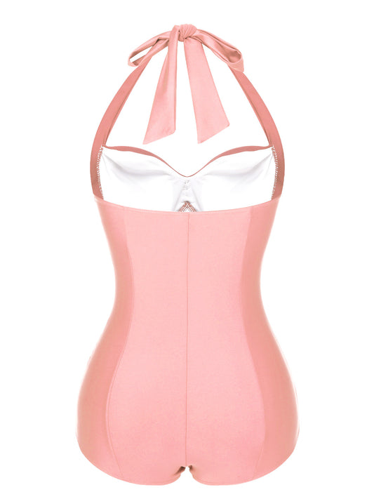 Pink 1950s Solid Gathered Halter Swimsuit