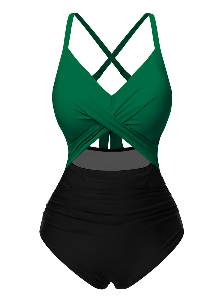 Green & Black 1940s Hollow Waist Patchwork Swimsuit