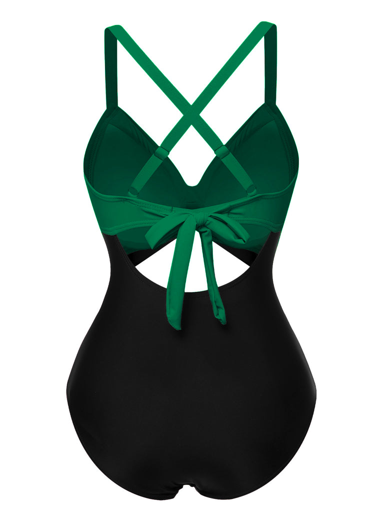 Green & Black 1940s Hollow Waist Patchwork Swimsuit