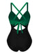 Green & Black 1940s Hollow Waist Patchwork Swimsuit