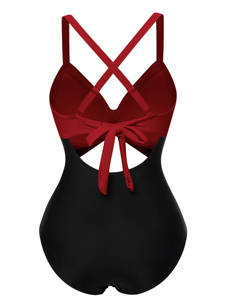 Green & Black 1940s Hollow Waist Patchwork Swimsuit