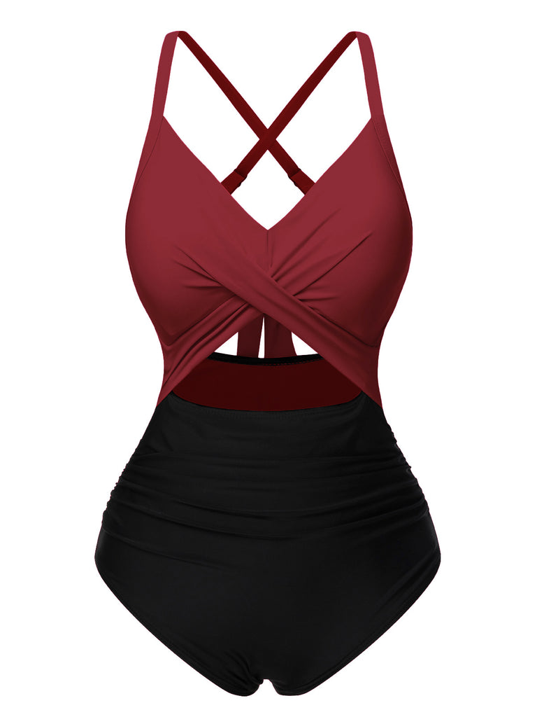 Green & Black 1940s Hollow Waist Patchwork Swimsuit