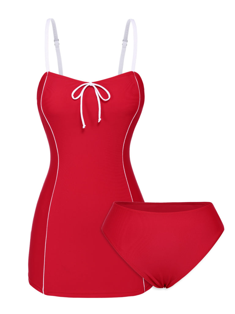 Red 1940s Bow Straps One-Piece Swimsuit
