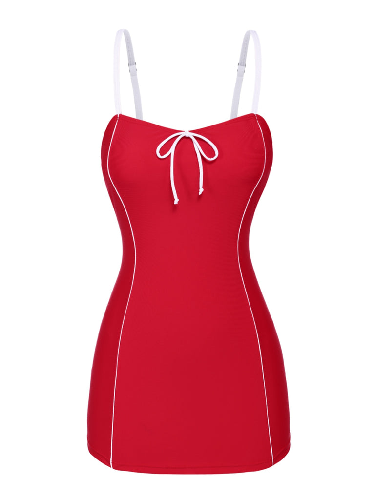 Red 1940s Bow Straps One-Piece Swimsuit