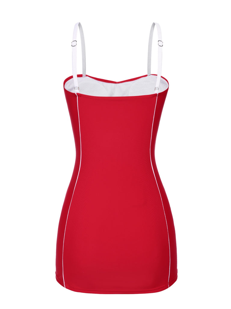 Red 1940s Bow Straps One-Piece Swimsuit