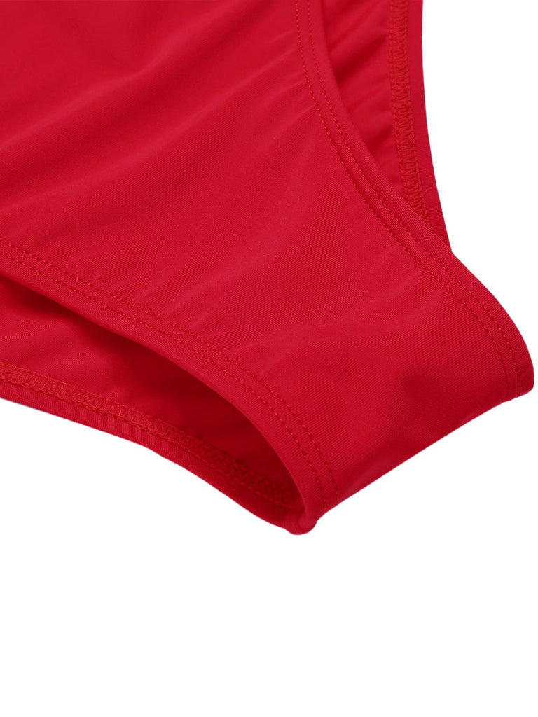 Red 1940s Bow Straps One-Piece Swimsuit