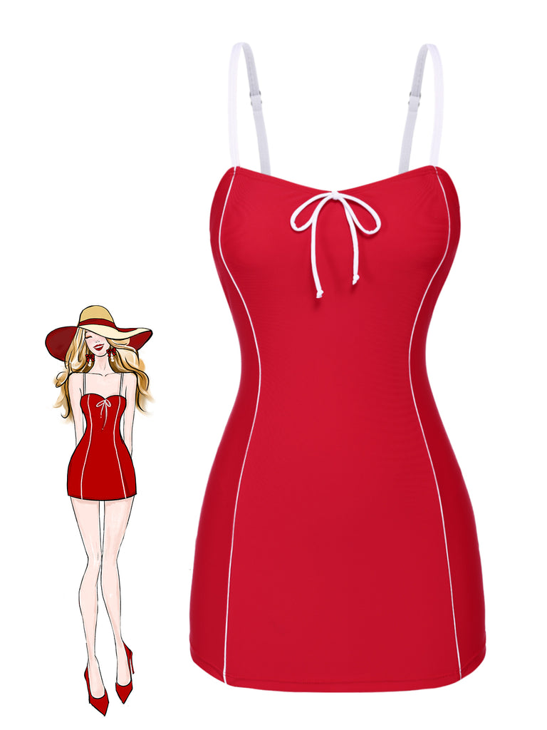 Red 1940s Bow Straps One-Piece Swimsuit