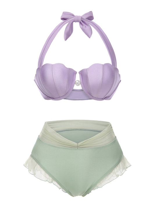 Lavender 1970s Mermaid Shell Halter Bikini Set