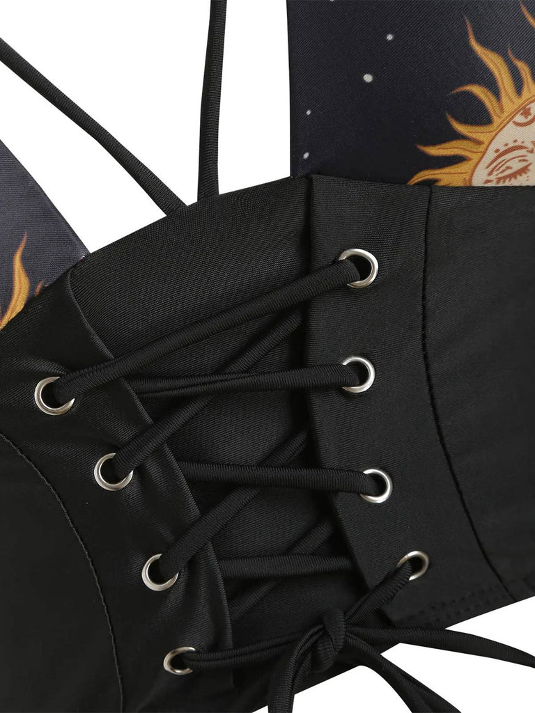 Red 1940s Sun Moon Stars Lace-Up Swimsuit