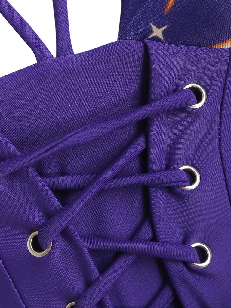 Red 1940s Sun Moon Stars Lace-Up Swimsuit