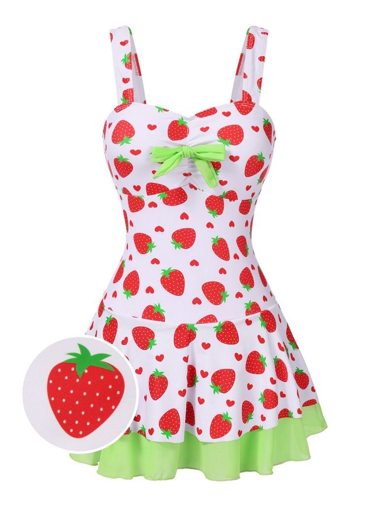 Red & Green 1940s Strawberry Bow Swim Dress