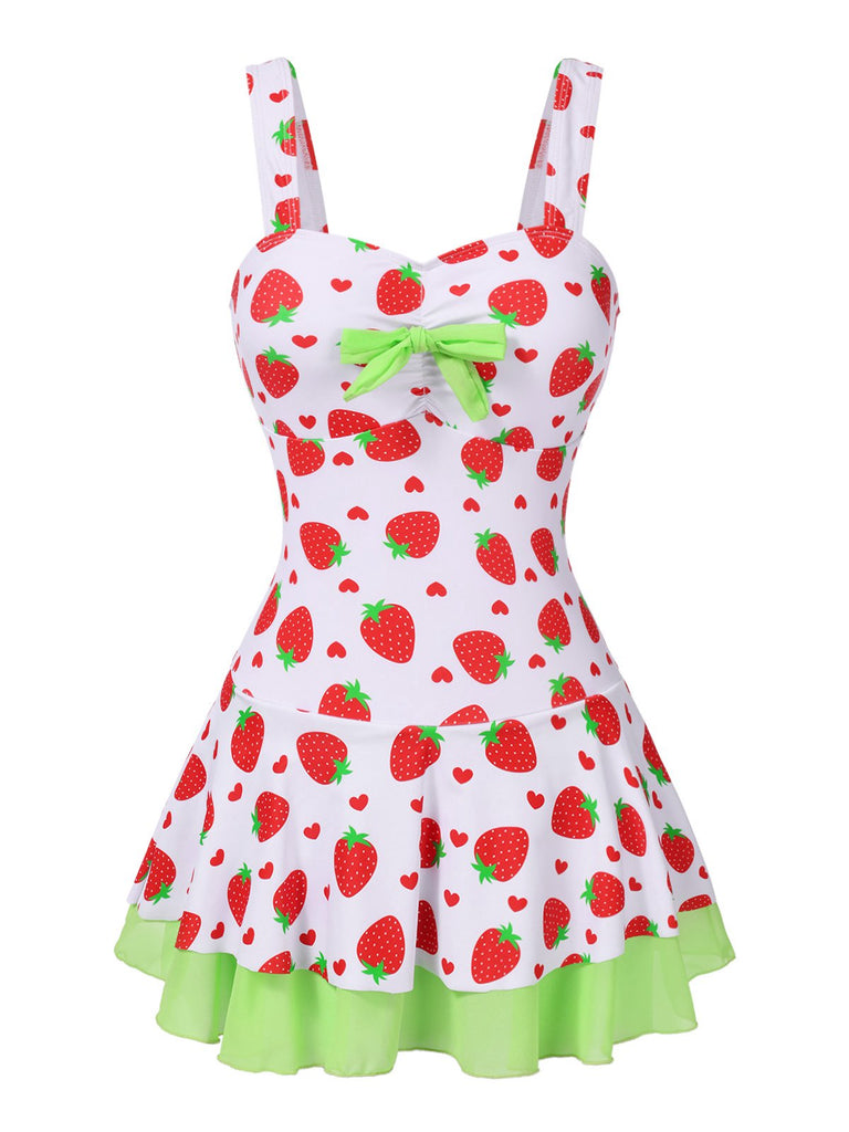 Red & Green 1940s Strawberry Bow Swim Dress