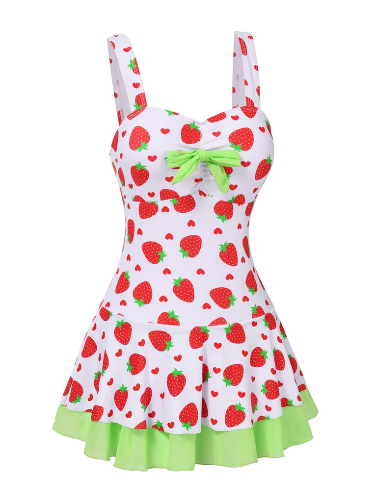 Red & Green 1940s Strawberry Bow Swim Dress