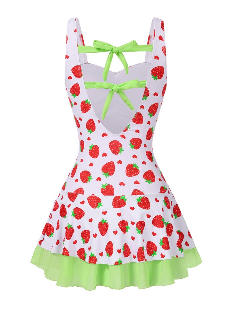 Red & Green 1940s Strawberry Bow Swim Dress