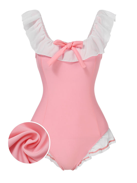 Pink 1950s Bowknot Lapel One-Piece Swimsuit