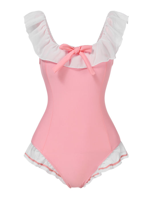 Pink 1950s Bowknot Lapel One-Piece Swimsuit
