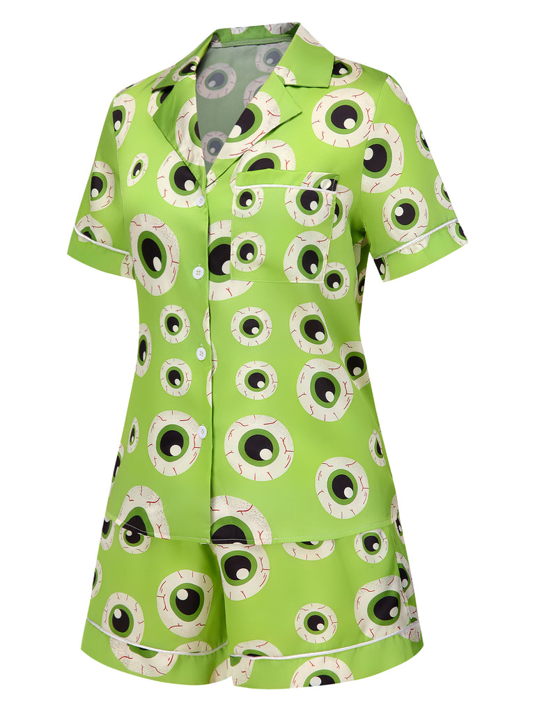 Green 1970s Halloween Eyeball Lapel Pajama Set