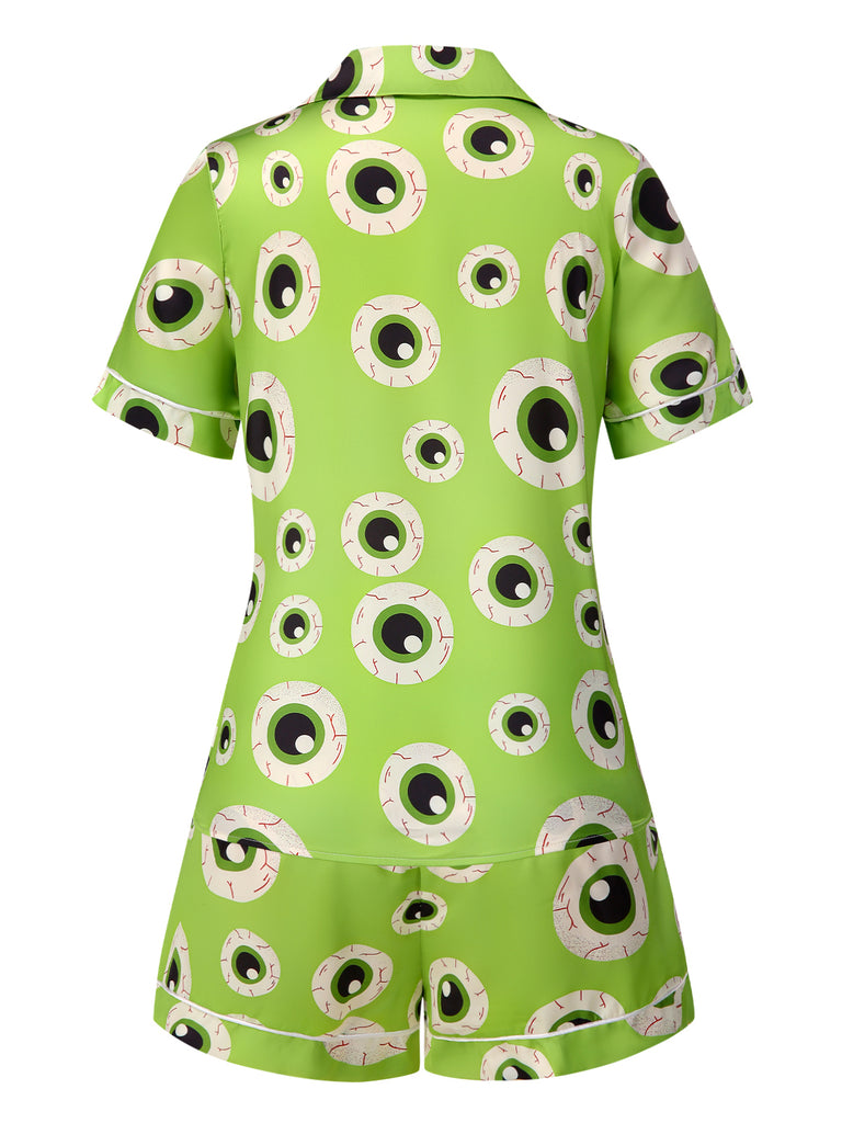 Green 1970s Halloween Eyeball Lapel Pajama Set