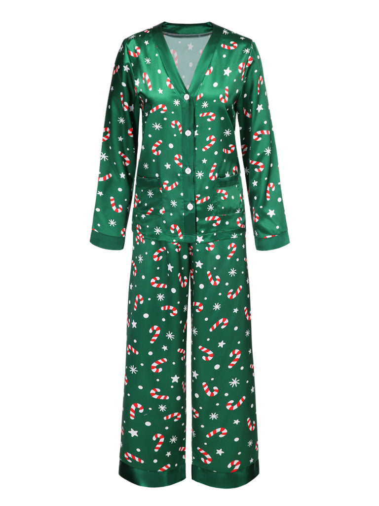 Green 1970s Christmas Candy Cane Pajama Set