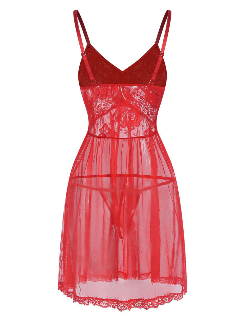 Red 1950s Lace Sheer Straps Nightgown