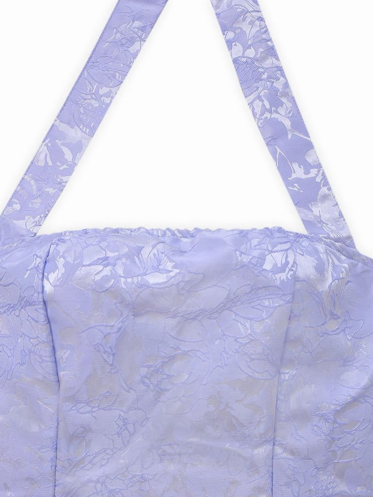 Blue 1970s Halter Jacquard Pleated Mini Dress