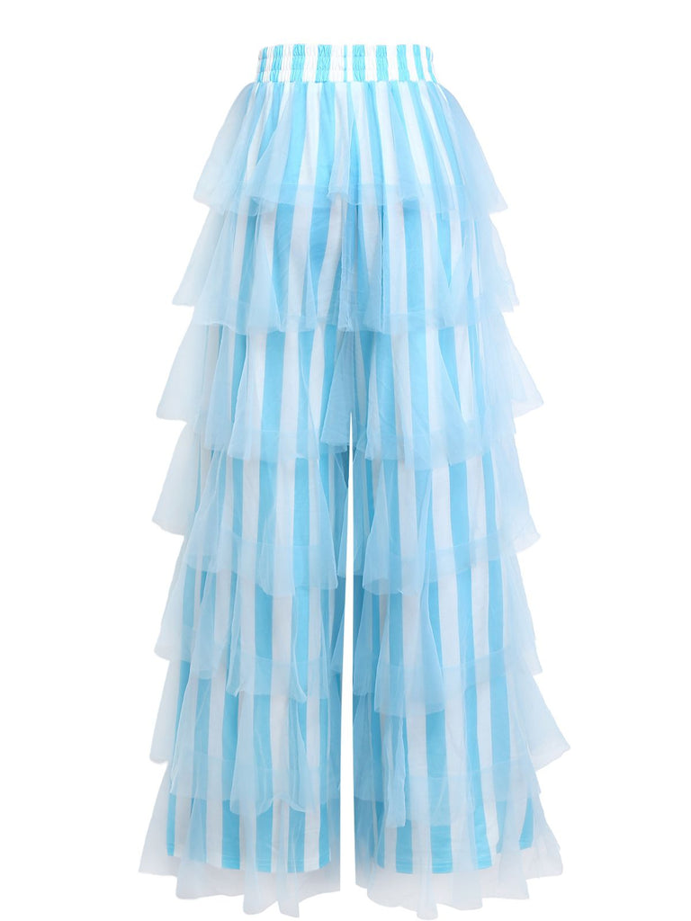 1970s Vertical Stripe Mesh Tiered Ruffle Pants