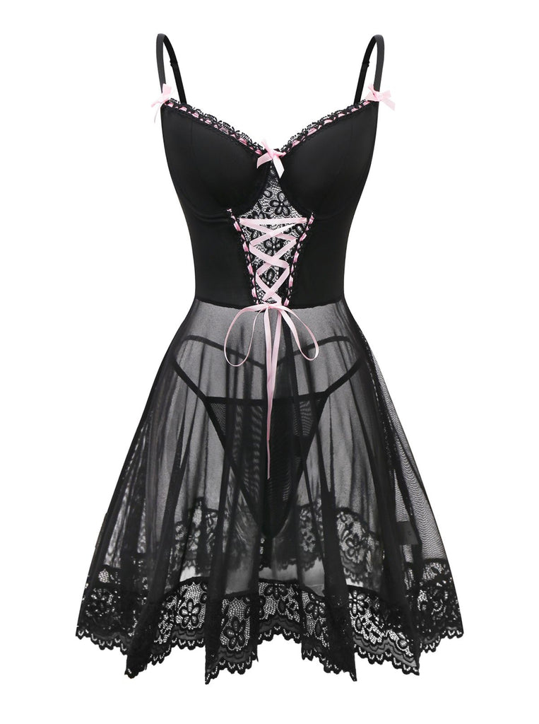 Black 1950s Spaghetti Strap Bow Lace Sleepwear