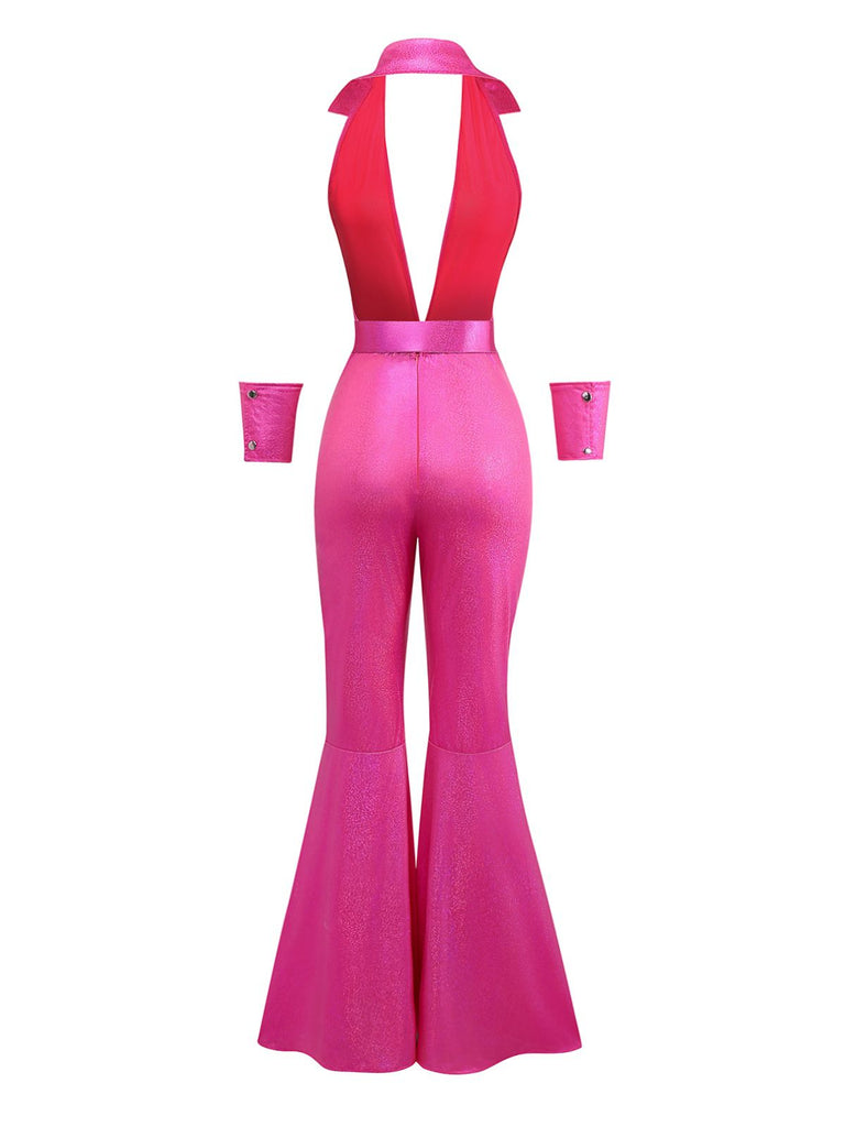 Pink 1970s Metallic Deep V-Neck Disco Jumpsuit