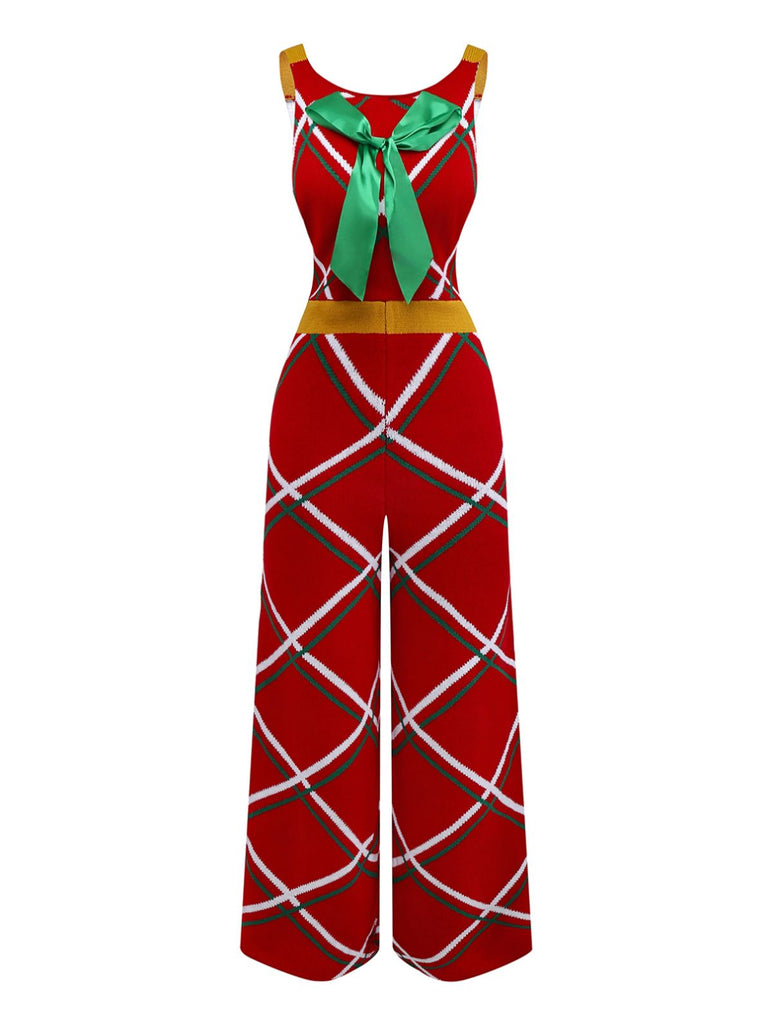 1960s Bow Christmas Plaid Patchwork Jumpsuit