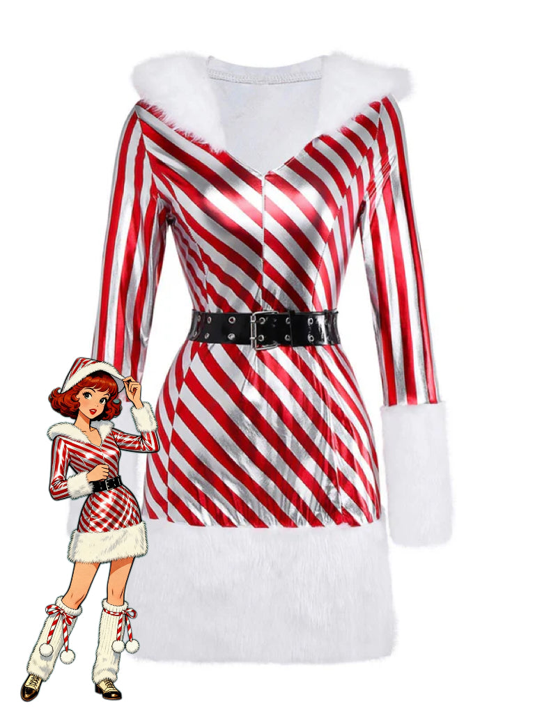 Red 1960s Candy Cane Stripe Hooded Dress & Leg Warmers