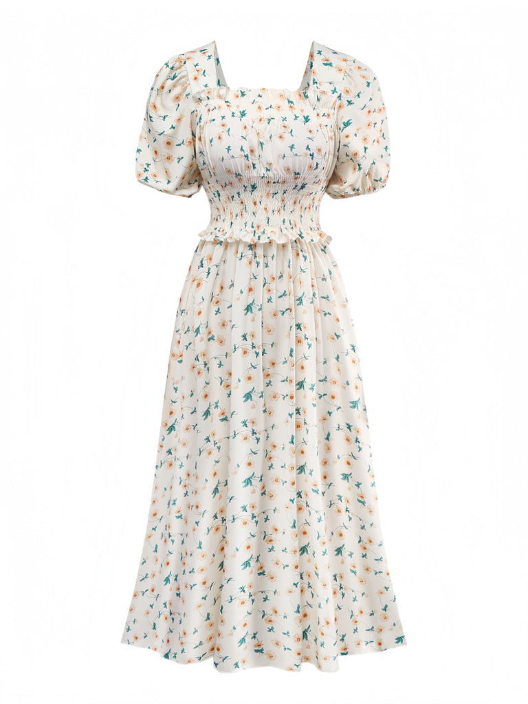 Yellow 1940s Floral Square Neck Dress