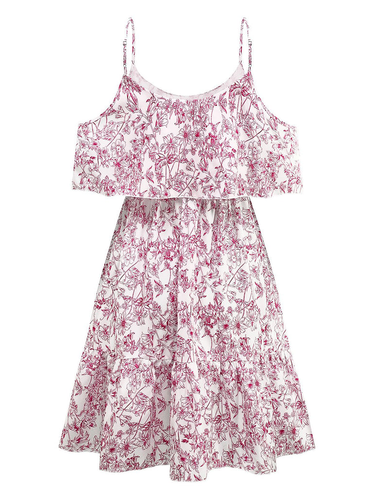 1950s Floral Cold Shoulder Ruffle Dress