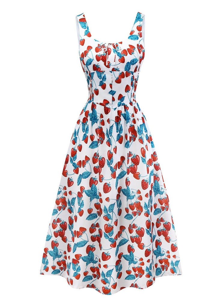 1950s Strawberry Square Neck Wide Strap Dress