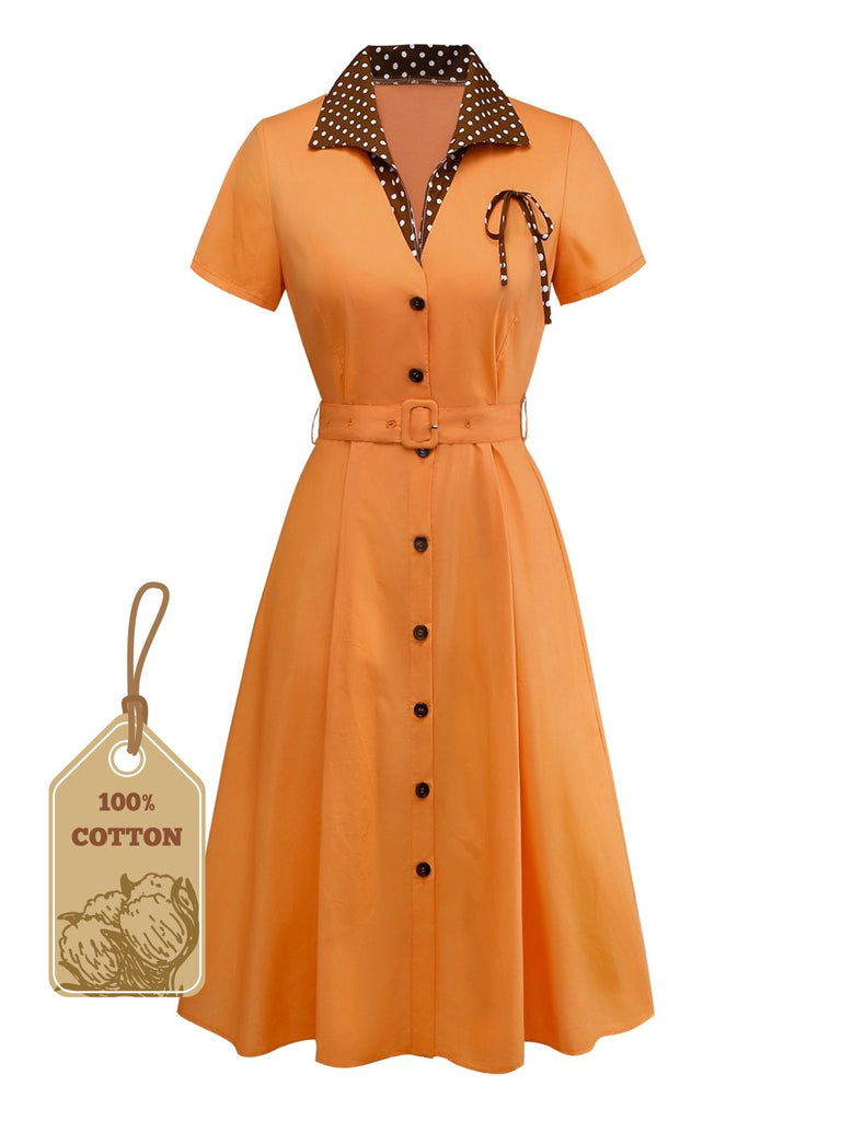Orange 1940s Cotton Polka Dot Lapel Bow Dress