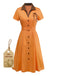 Orange 1940s Cotton Polka Dot Lapel Bow Dress