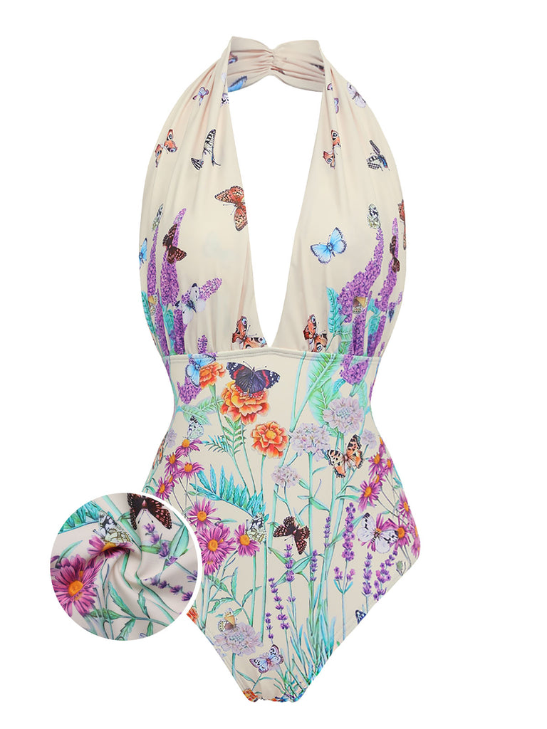 1960s Butterfly Halter One-Piece Bikini Set