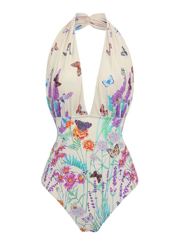 1960s Butterfly Halter One-Piece Bikini Set