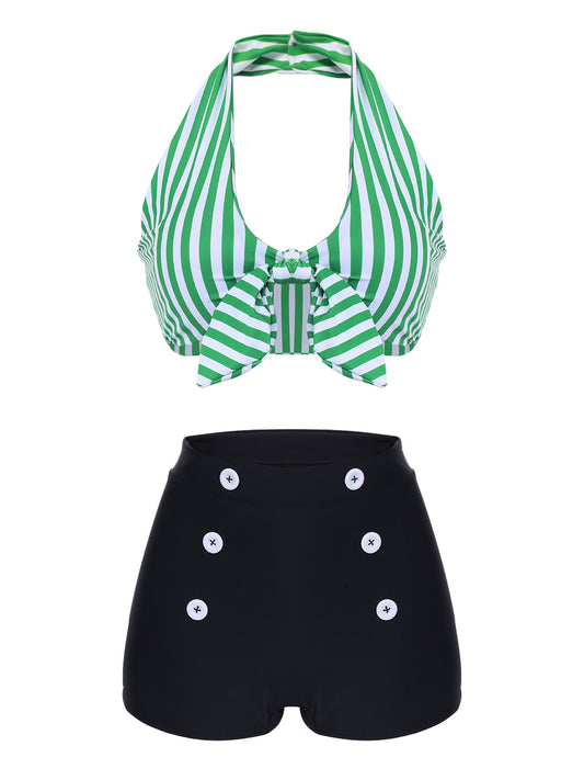 Green 1950s Retro Halter Stripes Bikini Set