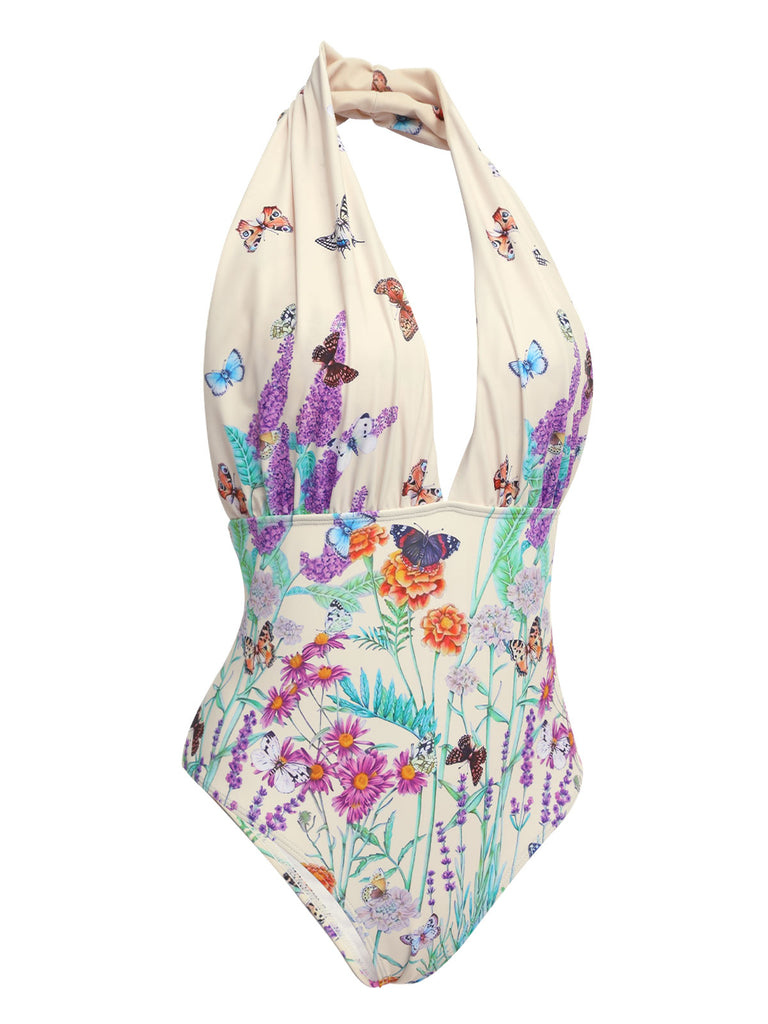 1960s Butterfly Halter One-Piece Bikini Set