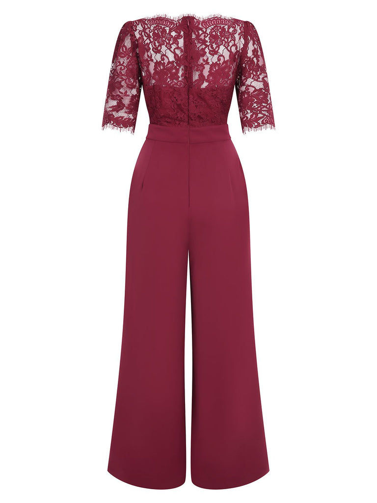 Wine Red 1930s Lace Patchwork Jumpsuit