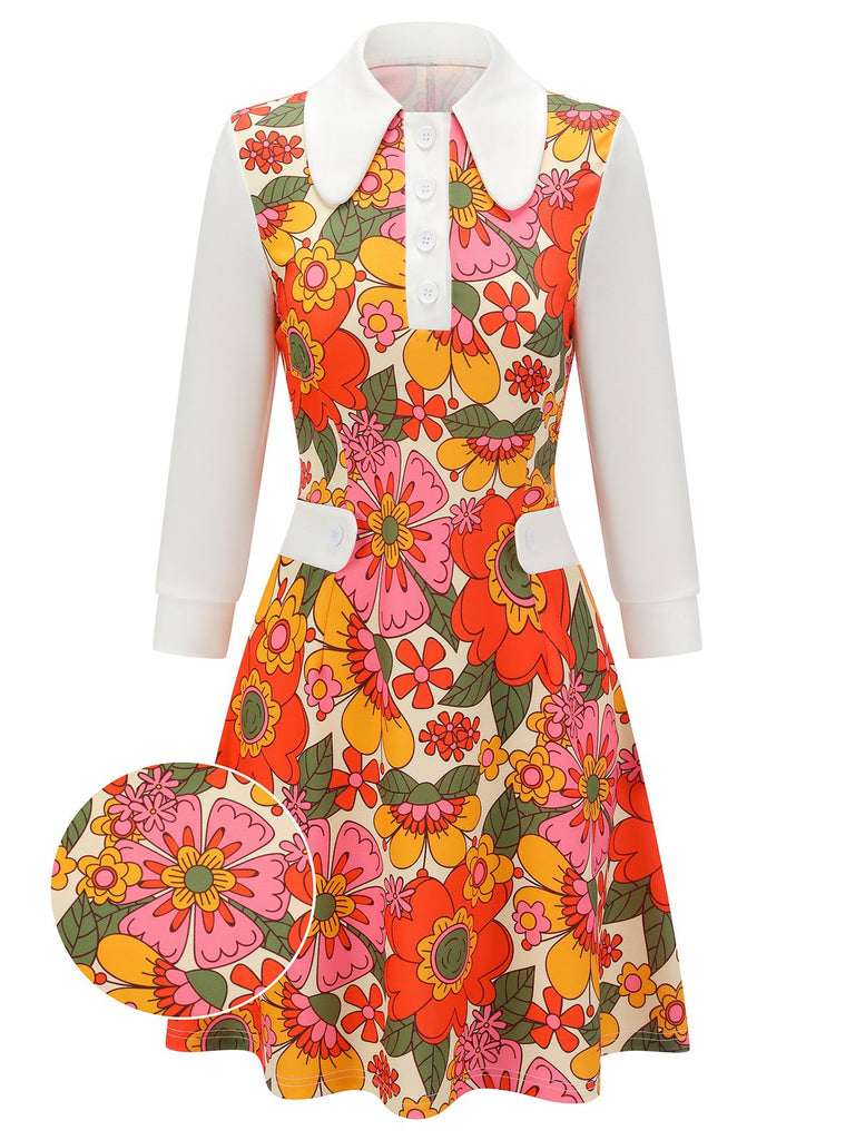 Pink 1960s Lapel Flowers Patchwork Dress
