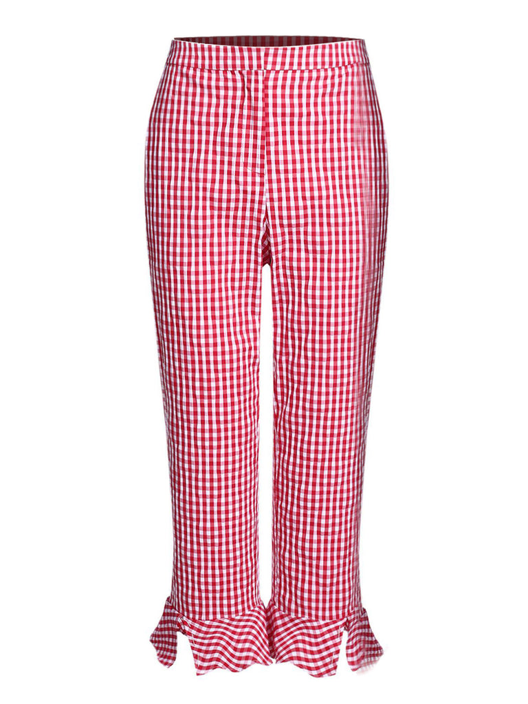 Red Checked Ruffled Split Pants