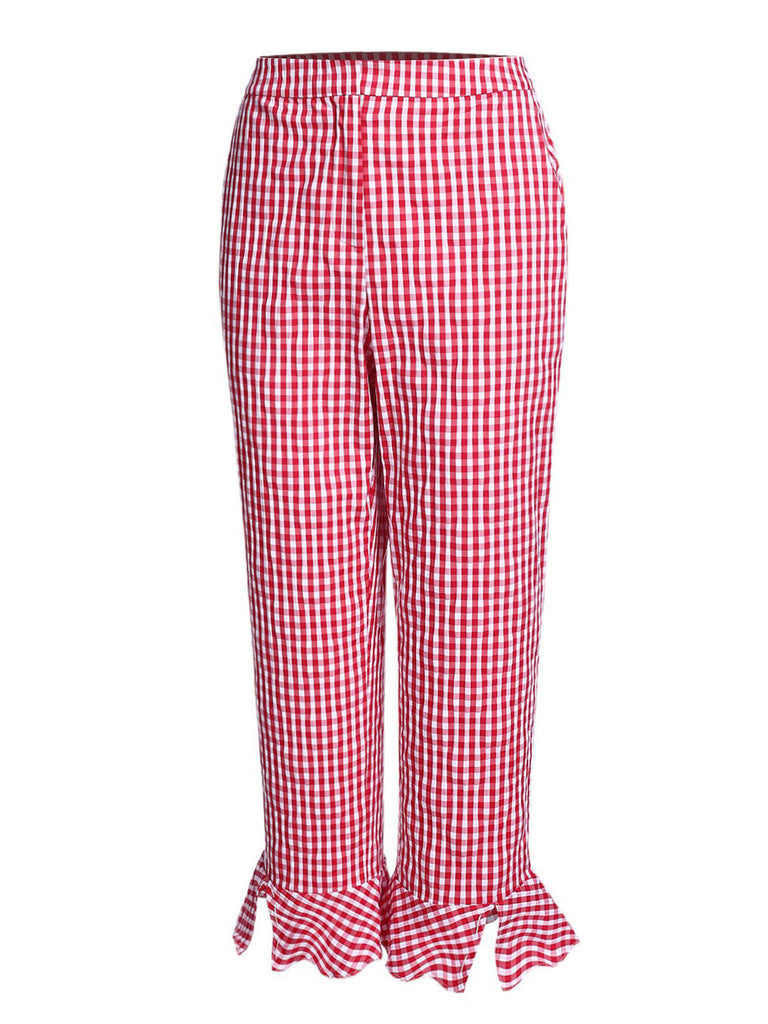 Red Checked Ruffled Split Pants
