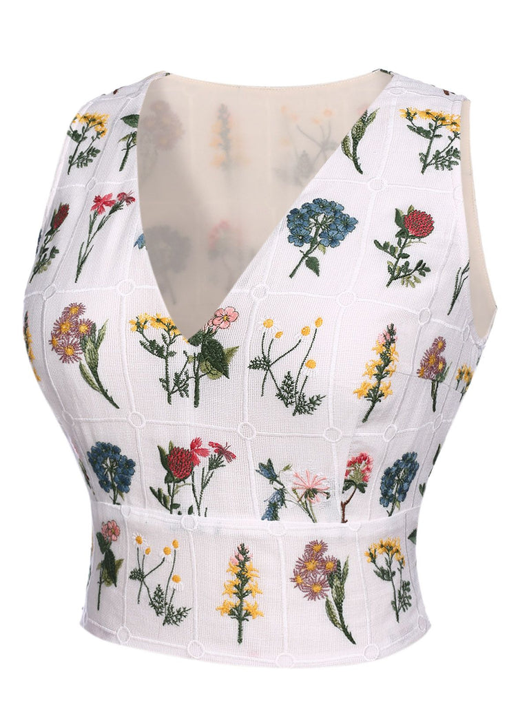White 1950s Floral Embroidery Crop Top