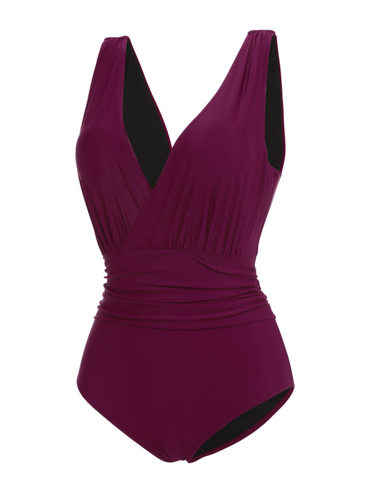 Raspberry Purple 1960s V-Neck One-piece Swimsuit