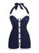 Navy Blue 1950s Pleated Halter Swimsuit