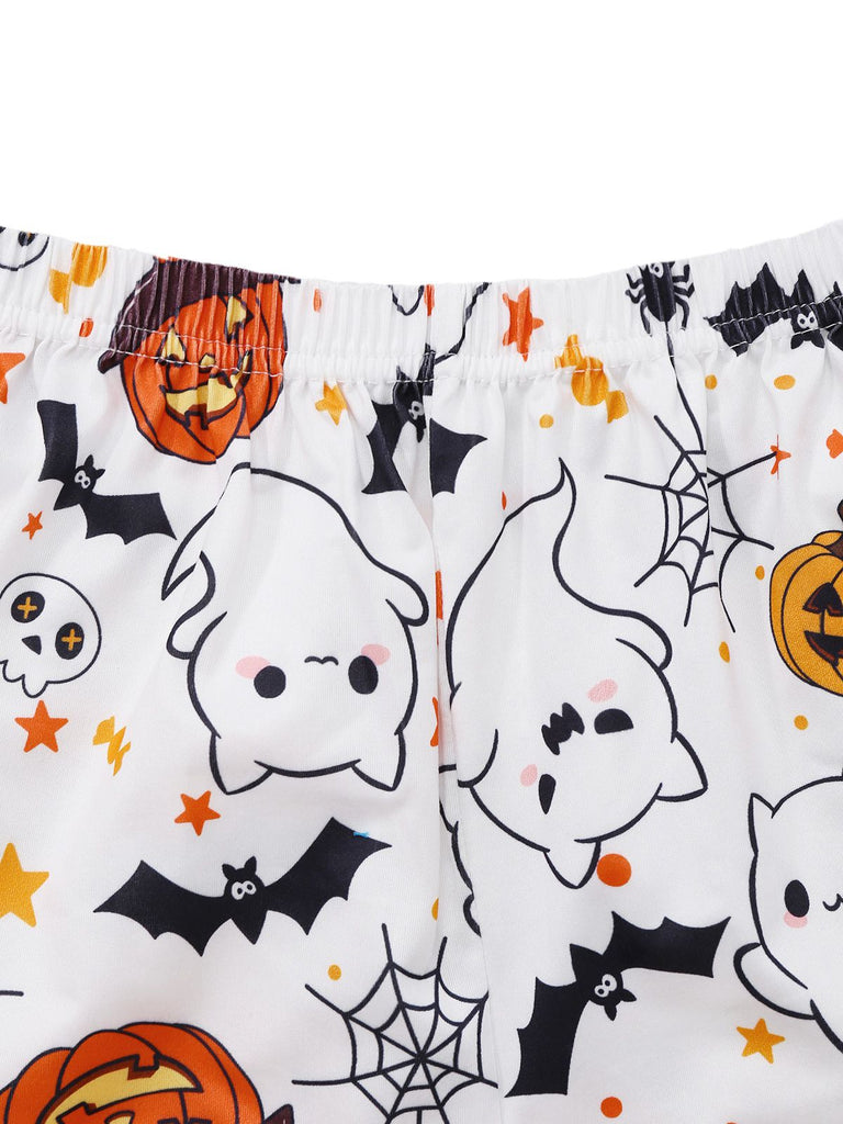 White 1950s Halloween Print Notched Collar Pajama Set